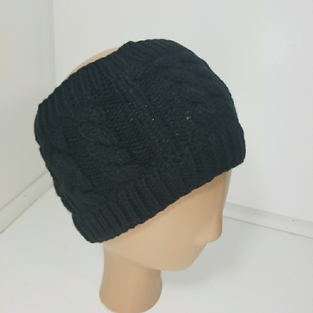 Headband Beanie with open slot hand knitted Black